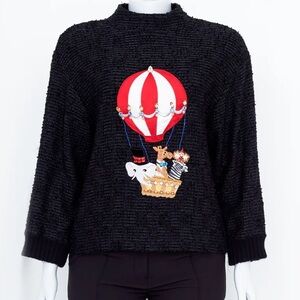 DOLCE & GABBANA Black Tweed Sweater with Embroidered Hot Air Balloon